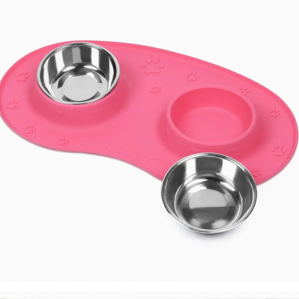 Pink silicone double dog bowl mat